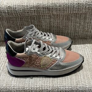 Philippe Model Pink, Silver & Purple Mixed-Material Sneakers made in France